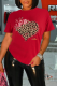 Red Vintage Leopard Patchwork O Neck T-Shirts
