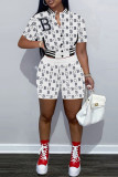 Red Casual Letter Print Patchwork O Neck Short Sleeve Two Pieces