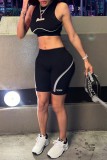 Black Casual Sportswear Letter Patchwork O Neck Sleeveless Two Pieces