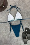 Tibetan Blue Sexy Patchwork Bandage Backless Contrast Swimwears (With Paddings)