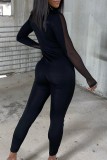 Black Sexy Solid Patchwork See-through O Neck Skinny Jumpsuits