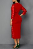 Red Casual Solid Patchwork O Neck Three Quarter Two Pieces