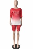 Red Casual Letter Hot Drill O Neck Short Sleeve Two Pieces