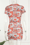 Tangerine Red Casual Print Basic O Neck Short Sleeve Dress