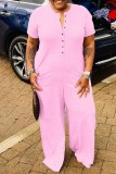 Pink Casual Solid Patchwork O Neck Regular Jumpsuits
