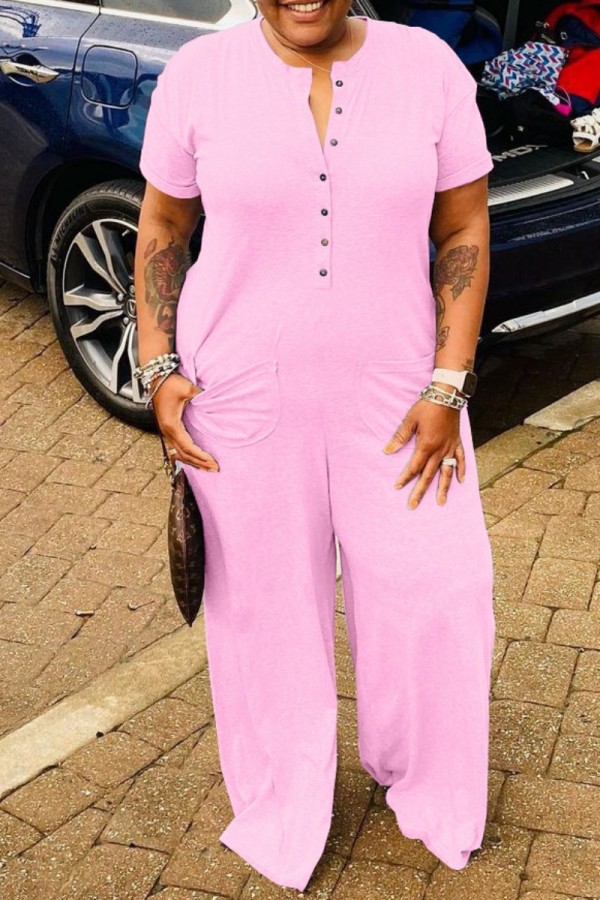 Pink Casual Solid Patchwork O Neck Regular Jumpsuits