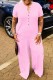 Pink Casual Solid Patchwork O Neck Regular Jumpsuits