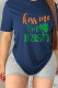 Navy Blue Street Print Letter O Neck T-Shirts