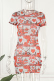Tangerine Red Casual Print Basic O Neck Short Sleeve Dress