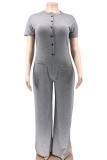 Pink Casual Solid Patchwork O Neck Regular Jumpsuits