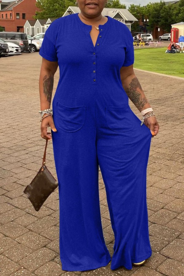 Blue Casual Solid Patchwork O Neck Regular Jumpsuits