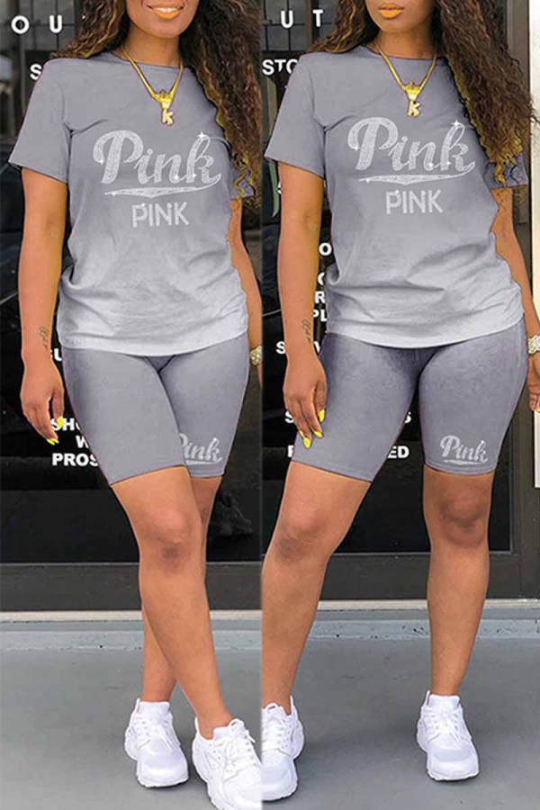 Grey Casual Letter Hot Drill O Neck Short Sleeve Two Pieces