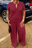 Pink Casual Solid Patchwork O Neck Regular Jumpsuits