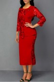Red Casual Solid Patchwork O Neck Three Quarter Two Pieces