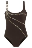 Deep Coffee Sexy Solid Patchwork Backless Swimwears (With Paddings)