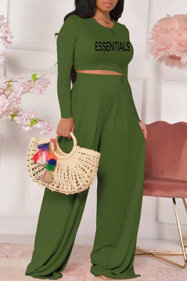 Army Green Casual Print Letter O Neck Long Sleeve Two Pieces