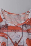 Tangerine Red Casual Print Basic O Neck Short Sleeve Dress