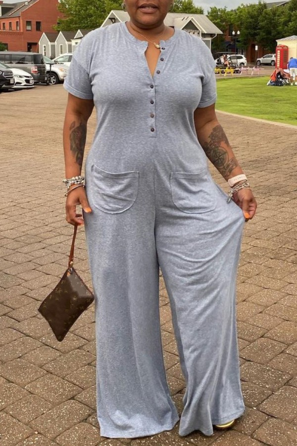 Grey Casual Solid Patchwork O Neck Regular Jumpsuits