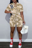 Light Brown Casual Letter Camouflage Print Patchwork O Neck Short Sleeve Two Pieces