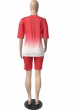 Red Casual Letter Hot Drill O Neck Short Sleeve Two Pieces