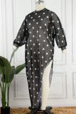Black Sexy Casual Dot Print See-through Asymmetrical Turtleneck Long Sleeve Plus Size Dresses