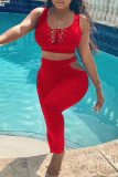 Red Sexy Casual Solid Bandage U Neck Sleeveless Two Pieces