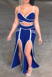 Blue Sexy Solid Patchwork Backless Slit Spaghetti Strap Sleeveless Two Pieces