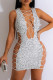 White Sexy Patchwork Hollowed Out Sequins V Neck Sleeveless Dress Dresses
