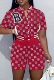 Red Casual Letter Print Patchwork O Neck Short Sleeve Two Pieces