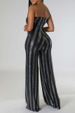 Red Sexy Striped Sequins Patchwork Strapless Straight Jumpsuits
