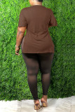 Coffee Casual Print Tassel Patchwork V Neck T-Shirts