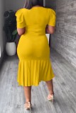 Red Casual Solid Basic O Neck Short Sleeve Dress