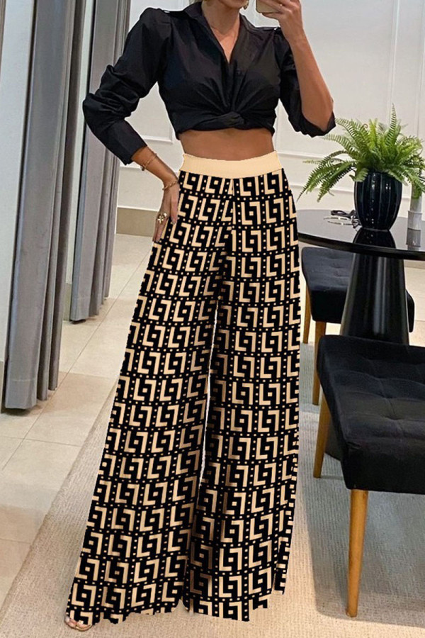 Khaki Casual Print Patchwork Turndown Collar Long Sleeve Two Pieces