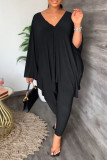 Blue Casual Solid Patchwork V Neck Long Sleeve Two Pieces