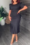 Red Casual Solid Basic O Neck Short Sleeve Dress