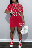 Red Casual Print Patchwork Buckle Mandarin Collar Short Sleeve Two Pieces