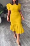 Red Casual Solid Basic O Neck Short Sleeve Dress