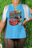 Coffee Casual Print Tassel Patchwork V Neck T-Shirts