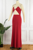 Red Sexy Solid Bandage Patchwork Backless Halter Long Dress Dresses