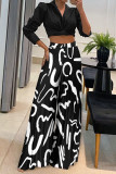 White Casual Print Patchwork Turndown Collar Long Sleeve Two Pieces