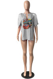 Coffee Casual Print Tassel Patchwork V Neck T-Shirts