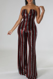 Red Sexy Striped Sequins Patchwork Strapless Straight Jumpsuits