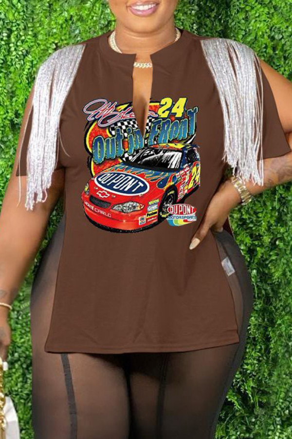 Coffee Casual Print Tassel Patchwork V Neck T-Shirts