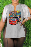 Coffee Casual Print Tassel Patchwork V Neck T-Shirts