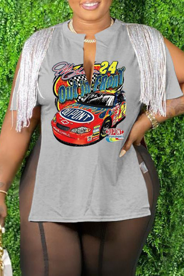 Grey Casual Print Tassel Patchwork V Neck T-Shirts