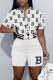 White Casual Print Patchwork Buckle Mandarin Collar Short Sleeve Two Pieces