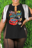 Coffee Casual Print Tassel Patchwork V Neck T-Shirts