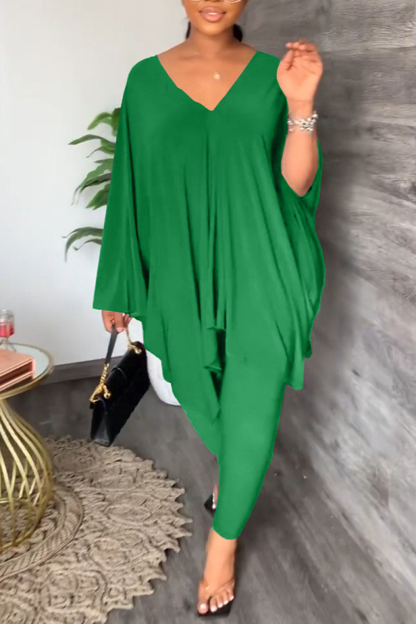 Green Casual Solid Patchwork V Neck Long Sleeve Two Pieces