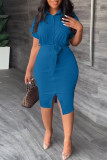 Red Casual Solid Patchwork Shirt Collar Short Sleeve Dress