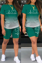 Green Casual Gradual Change Print Basic O Neck Short Sleeve Two Pieces